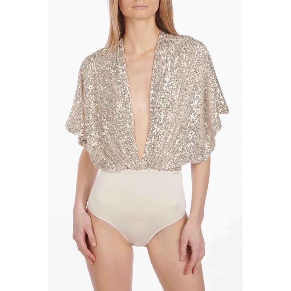 NWT IN THE MOOD FOR LOVE Champagne Cream Dolman Sequin Plunge Neckline Bodysuit